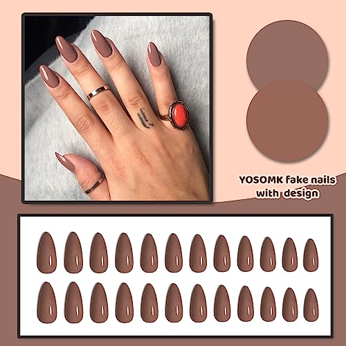 YOSOMK Coffee Brown Press on Nails Almond Medium Fake Nail Solid Color Full Cover Artificial False nails Glossy Manicure Glue on Acrylic Nails for Women - Image 3