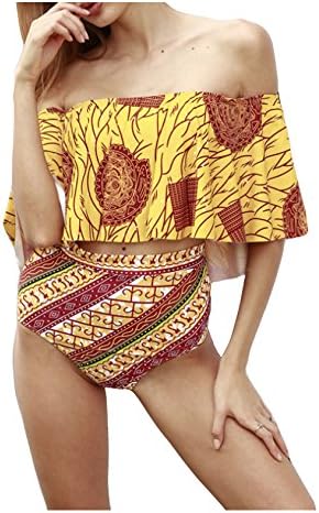 Letuwj Women`s Off Shoulder Ruffle Bikini with Print Yellow Large