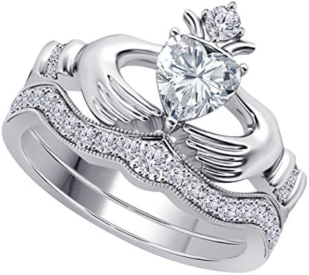 Women's 14k Gold Rhodium Plated Alloy White/Yellow/Rose/Black 1.00CT Heart Cut Highest Quality Cubic Zirconia Wedding Band &amp; Crown Engagement Claddagh Bridal Ring Set Jewelry