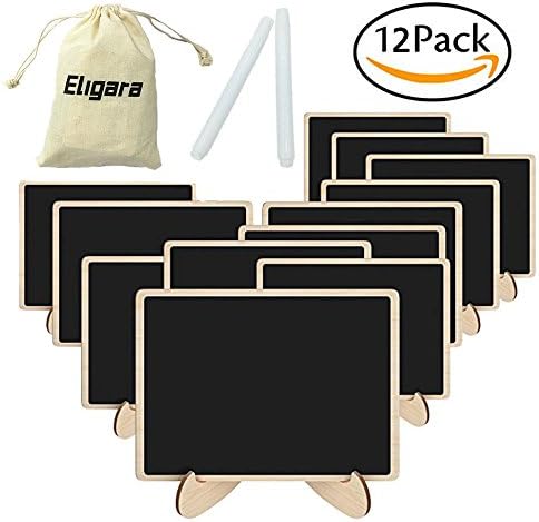 Eligara Mini Chalkboards Wood Rectangle 12 Pcs With Easels for Weddings, Parties, Table Numbers, Price Marks, Food Signs and Special Event Decoration Small Blackboards With 2 Blackboard pens
