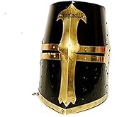 Medieval Knight Crusader Armour Helmet | Black Finish Sugarloaf and Brass Design Templar Helmet | Great Greek Roman Spartan Helm A+ | Wearable for Adult | Medieval Costumes |
