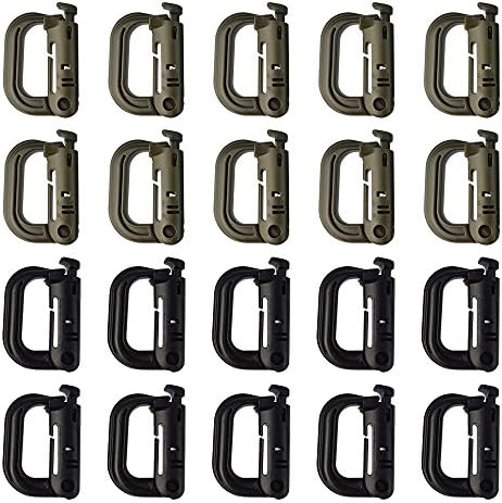 Yookat 20Pack Multipurpose D-Ring Grimloc Locking for Molle Webbing Plastic Buckle Hanging Hook Spring Snap Key Chain (10Pcs Black+10pcs Green)