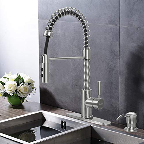 PHASAT Commercial Kitchen Faucet Brass High Arc Tall Modern Single Handle Spring Pull-Down Pre-Rinse Kitchen Sink Faucet with Soap Dispenser and Deck Plate Escutcheon,Brushed Nickel, PTKN01U