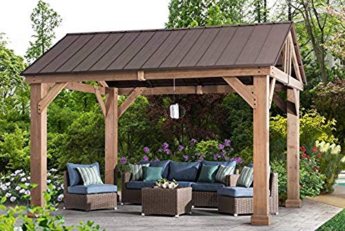 Sunjoy L-GZ1171PWD-B Hudson Cedar Wood Pavilion with Hardtop, Gazebo, 14’x12′ Natura ...