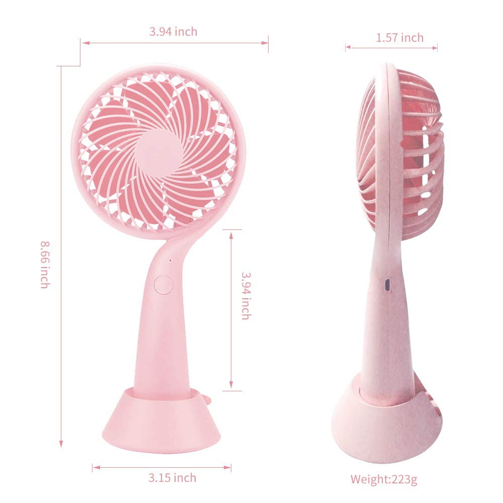 LBTbate Mini Handheld Fan Portable, Hand held Personal Fan Rechargeable Battery Operated Powered Cooling Desktop Electric Fan with Base, 3 Speeds for Home Office Travel Outdoor (Pink)