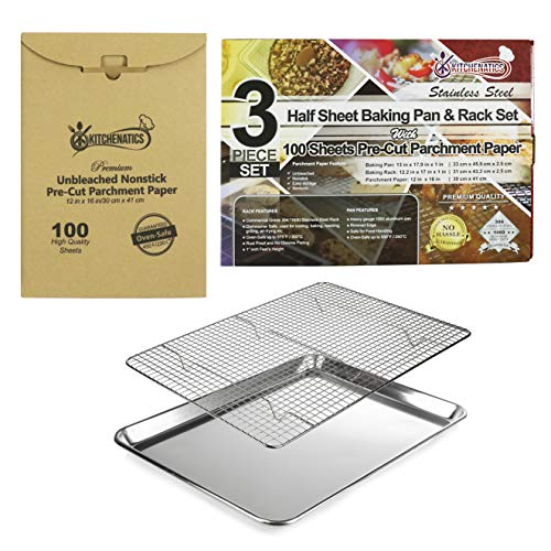 Half Baking Sheet & Cooling Rack w/ 100 Bonus PreCut Parchment Paper 1