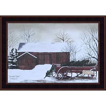 Home Cabin Décor Christmas Wagon by Billy Jacobs 15x21 Trees for Sale Red Barn Winter Snow Primitive Folk Art Print Framed Picture