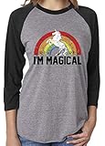 SoRock Unisex I'm Magical Rainbow Unicorn 3/4 Sleeve Tshirt Heather Grey (runs big for women)