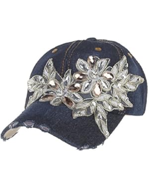 Ladies Denim Jean Diamond Bling Flower Pattern Adjustable Baseball Cap