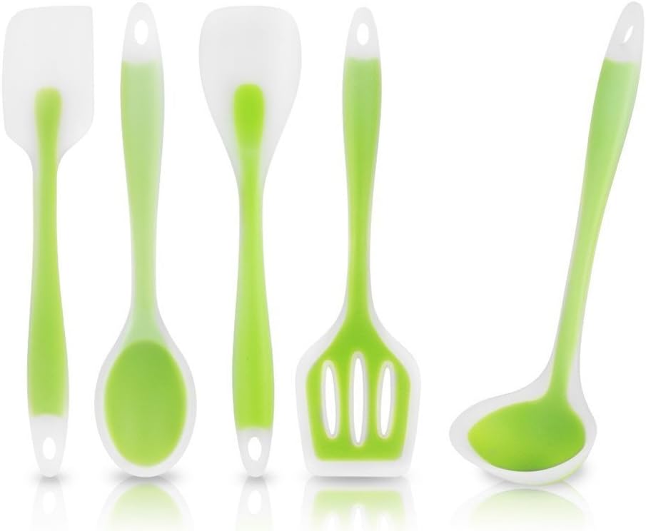 Enko Silicone Cooking Utensils 5 Pieces, Non-stick Non-toxic Kitchen Utensils , including Spoonula Brush,Soup Spoon,Leak shovel, Spatula,Teaspoon , Silicone Kitchen Utensils Cooking Utensils Heat-Resistant Baking High-Quality Heat-Resistant Silicone Cookware Non-Toxic Non-Stick Kitchen Supplies.