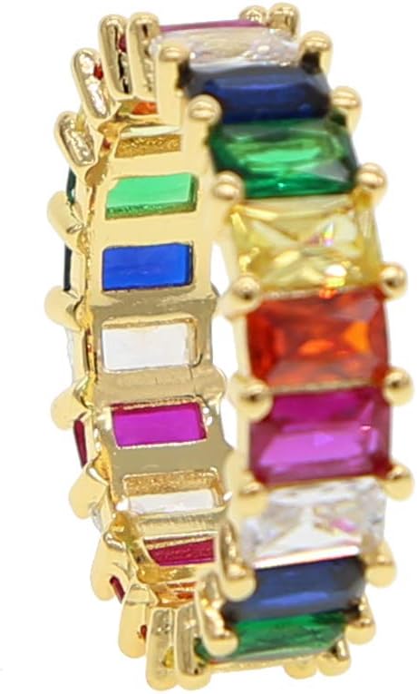 ATJMLADYJEWELRYGold Filled Fashion Jewelry Rainbow Square Baguette Cz Engagement Ring Colorful Cubic Zirconia Cz Eternity Band Ring (Gold, 9)