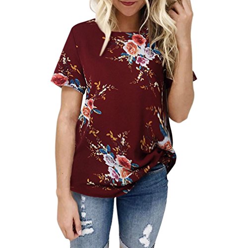 Dainzuy Ladies Sexy Casual Tops, Women's Floral Printing T-Shirt Short Sleeve Blouse (Red, XXXL) - Thumbnail 4