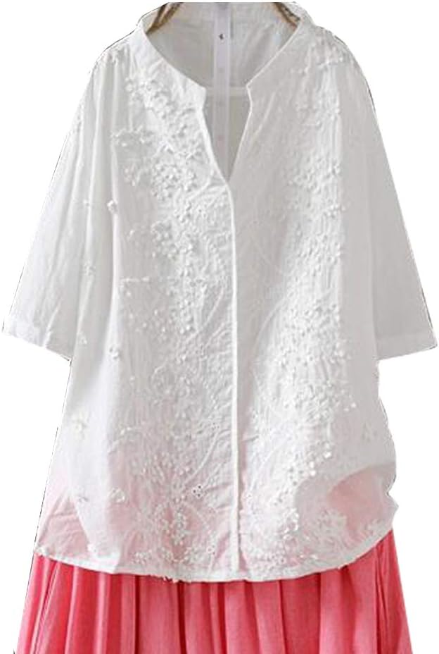 Minibee Women's Long Sleeve Blouses Standing Collar Embroidery Cotton Linen Tunics