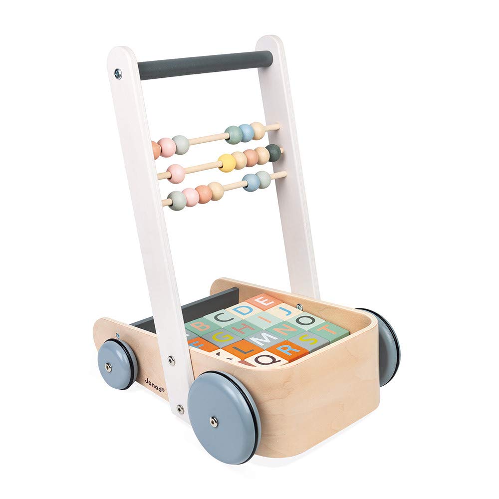Janod - Sweet Cocoon Abc Buggy - Wooden Walking and Activity Cart - with 20 Alphabet Cubes, Numbers and Shapes Blocks + 3 Abacus Rows - Water Based Paints - from 1 Year Old, J04408
