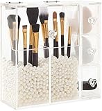 PuTwo Makeup Organizer With 2 Make Up Brush Holders and 3 Drawers All In One Case with Free White Pearl