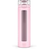 Ello Syndicate 20oz Reusable Glass Water Bottle with One-Touch Leak Proof Flip Lid, Protective Non-Slip Silicone Sleeve, Carry Loop for Coffee, Tea and Water, BPA-free, Dishwasher Safe, Cashmere Pink