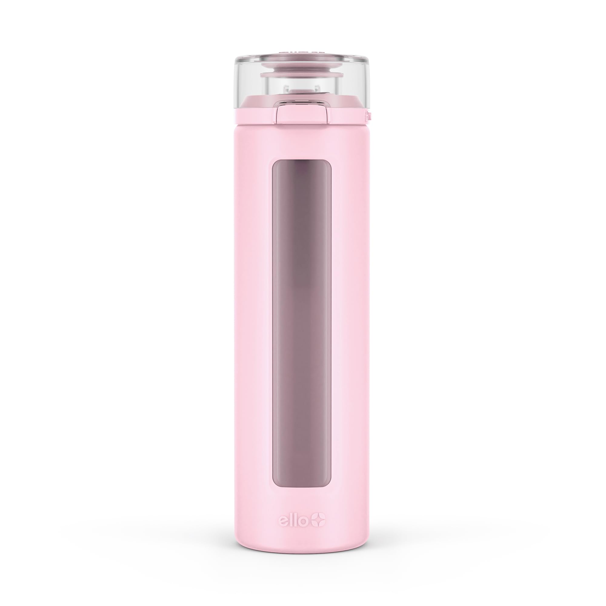 Photo 1 of Ello Syndicate 20oz Reusable Glass Water Bottle with One-Touch Leak Proof Flip Lid, Protective Non-Slip Silicone Sleeve, Carry Loop for Coffee, Tea and Water, BPA-free, Dishwasher Safe, Cashmere Pink