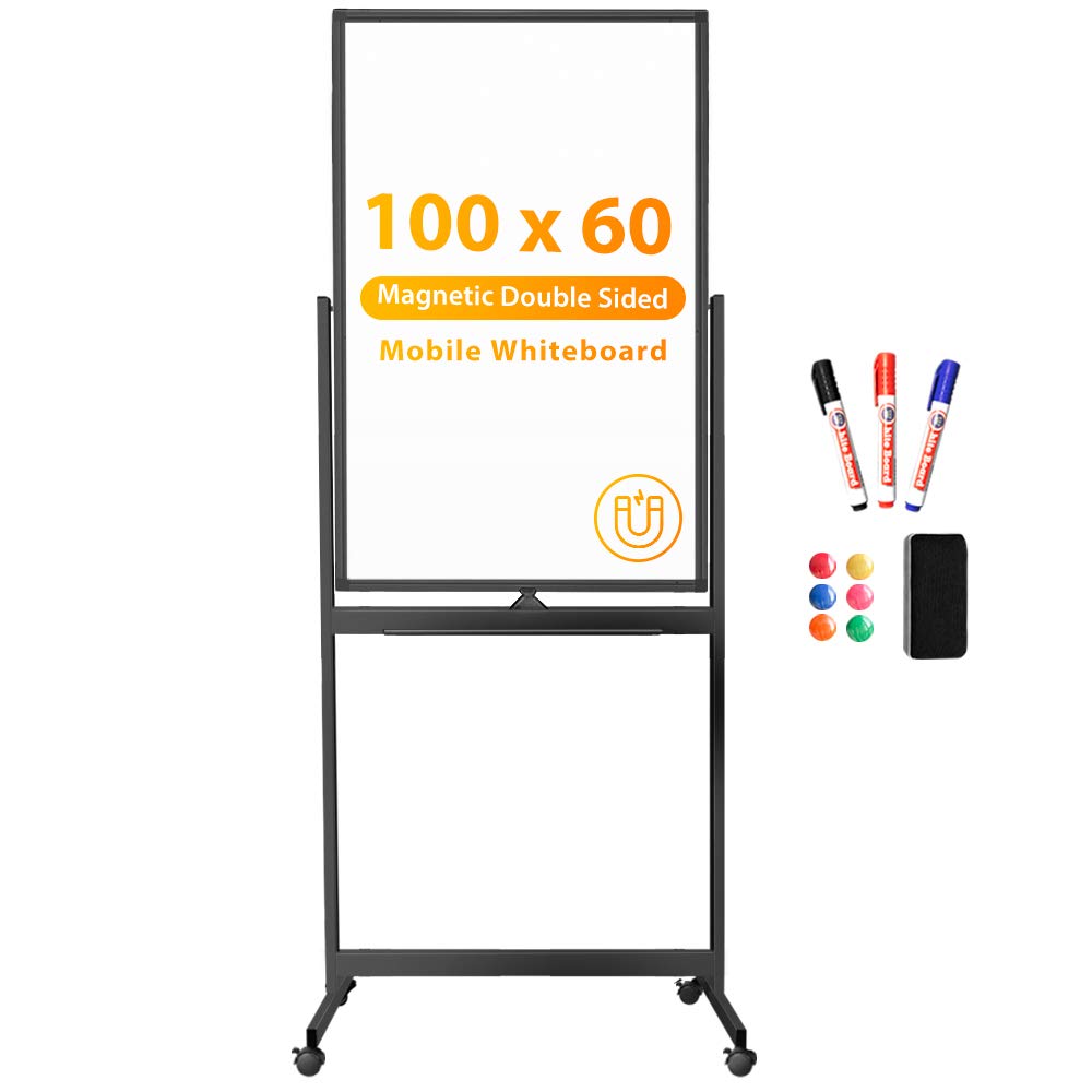 Magnetic Mobile White Board, 40 x 24 Double Sided Dry Erase Board Rolling Whiteboard Black Aluminum Frame Standing Whiteboard on Wheels