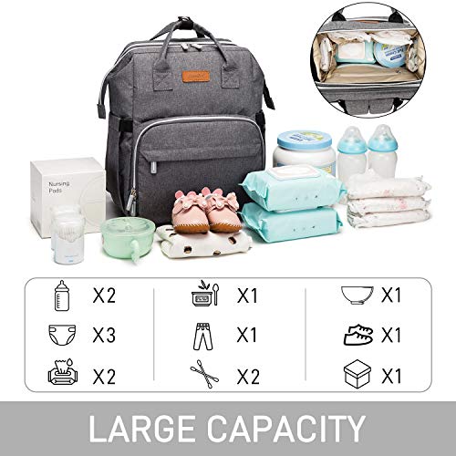 Diaper Bag Backpack, Travel Foldable Baby Bed, Portable Sleeping Mummy Bag, Multifunction Large Capacity Baby Bassinet with USB Charging Port, Waterproof and Stylish, Grey