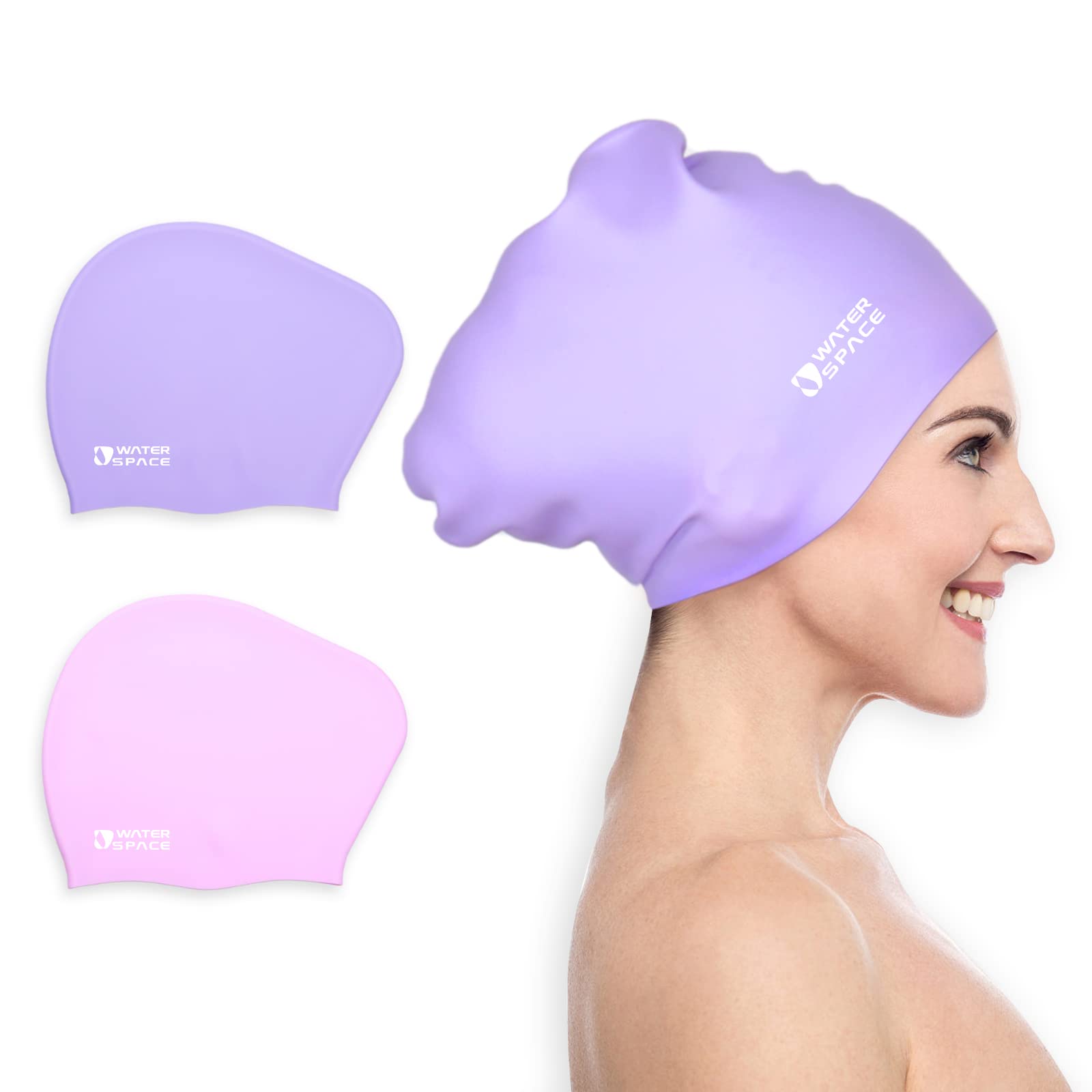 Water Space Swimming Cap for Women Ladies Man, Adult Swimming Caps for Long Hair, 2 Packs Waterproof Silicone Swimming Cap