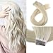 Moresoo Blonde Tape in Hair Extensions Human Hair Real Hair Extensions 40pcs Glam Seamless Tape Hair Extensions 16 Inch Solid Color #60 Platinum Blonde Adhesive Tape Hair for Women 100g