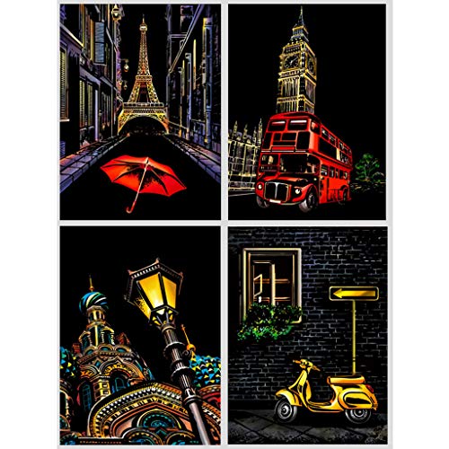 Eraimp Scratch Art Paper, Rainbow Painting Sketch Pad, Night View Scratchboard for Adult and Kids, with Wooden Stylus, Exquisite Packaging (Set#1) - Thumbnail 6