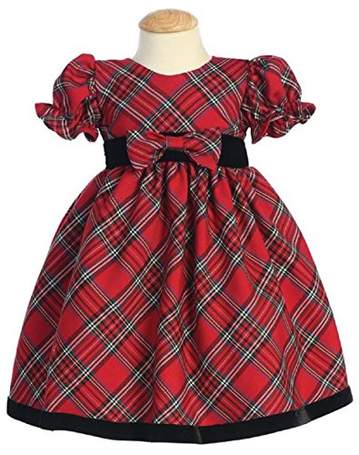 Lito Girls Plaid Holiday Dress with Velvet Trim (12 - 18 months, Red)