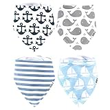Stadela Baby Adjustable Bandana Drool Bibs for Drooling and Teething Nursery Burp Cloths 4 Pack Baby Shower Gift Set for Boys - Nautical for Sailor with Whales Anchors Stripes Boats Yachts