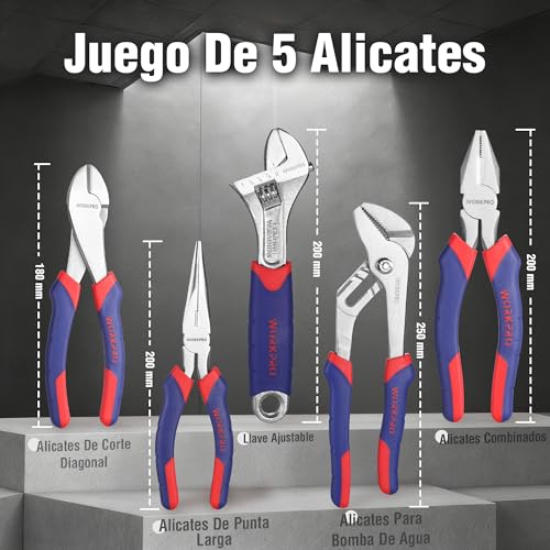 WORKPRO 5 Piece Electrician Pliers Set | Includes Universal Pliers, Diagonal, Long Point, Parrot Beak and Adjustable Wrench for Electrical and DIY Work