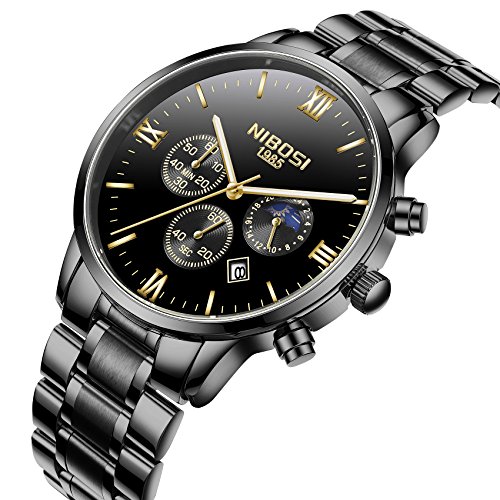 Mens Watches Automatic Date Chronograph Watch Men Sports Watches Waterproof 30M Full Steel Quartz Men's Black Watch