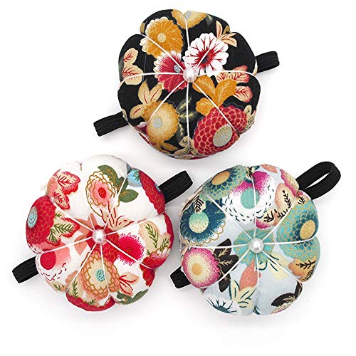 Jafirous 3Pcs DIY Sewing Pincushion Pumpkin Shape Cotton Fabric Button Wrist Strap for Cross Stitch Sewing Safety Pin Cushion Accessories Elastic Wrist Band Pincushions