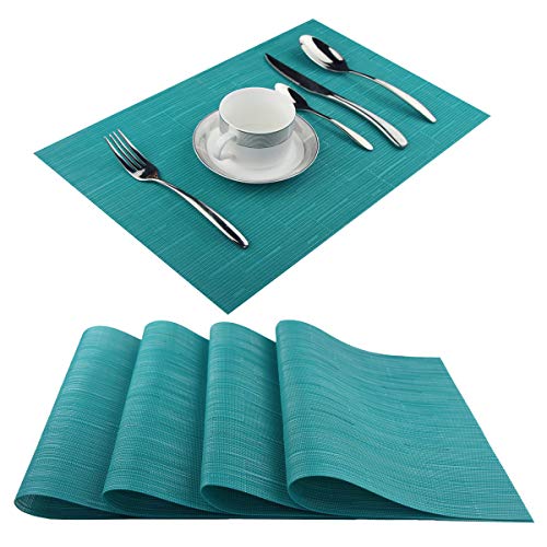 Panda Palm Vinyl Placemats,Washable Table Mats Easy to Clean Woven Placemats for Dining Table Set of 4 (Cyan Blue)
