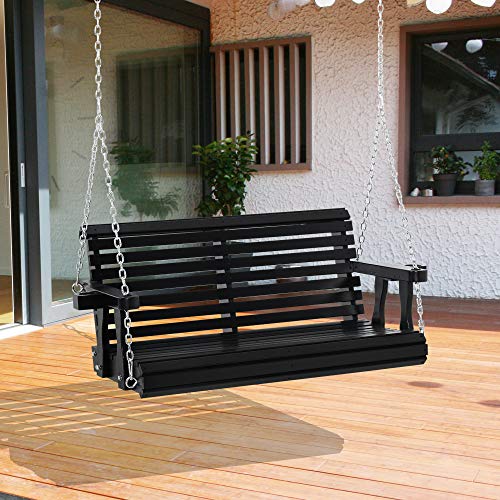 Outsunny 46" 2 Person Wooden Hanging Porch Swing Bench, Slatted Front