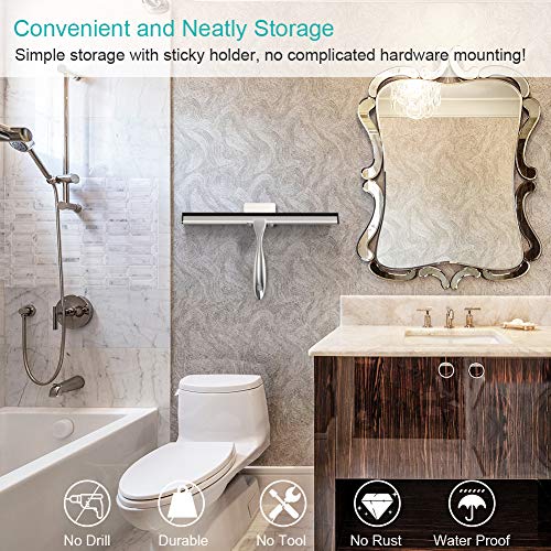 TopCharm Shower Squeegee for Shower Doors, Squeegee Shower Cleaner 14 Inch for All Purpose Mirror Car Glass Window Bathroom Squeegee for Shower with Hook and 6.8 Inch Long Handle, Stainless Steel