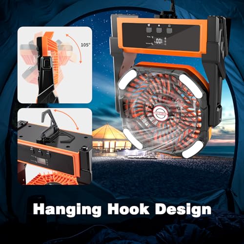 Sendowtek Camping Battery Fan 20000mAh Powerful Silent with LED Light and Hook 4 Adjustable Speeds Rechargeable Wireless USB Fan for Outdoor Tent Office