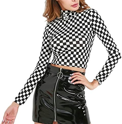 Pandapang Women's Checkered Checkerboard Crop Tops Slim Long Sleeve Turtleneck T Shirts