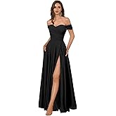 Falsery Satin Bridesmaid Dresses Long for Women Off The Shoulder Prom Dresses with Slit A Line Pleated Formal Party Gowns