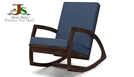 Strata Furniture Wooden Brown Rocking Chair for Living Room - Red Mohogany with Cushions Blue