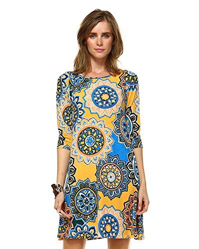 Women's 3/4 Sleeve Print Side Pocket A-Line Comfy Casual Tunic Dress (Large, W7659HY Navy Yellow)