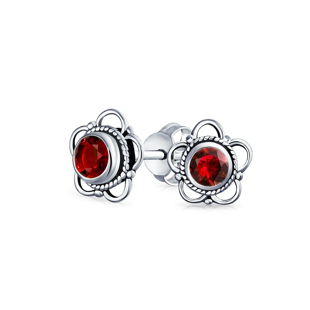 Genuine Red Garnet Bali Indonesian Tiny Flower Stud Earrings For Women Oxidized .925 Sterling Silver January Birthstone — image 1