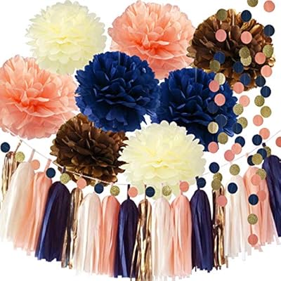 Qian 39 S Party Bridal Shower Decorations Navy Peach Glitter Gold