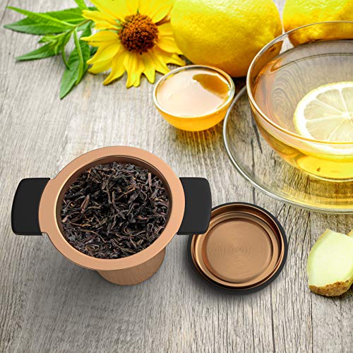 bonVIVO Puri Stainless Steel Tea Infusers for Loose Tea, Tea Strainer for Teapots or Cups, & Functional, Copper-look Mesh Tea Maker Filter with Black Lid