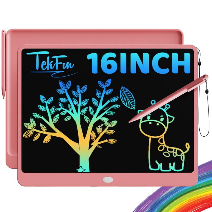 TEKFUN 16inch LCD Writing Tablet for Kids Adults, Erasable Drawing Tablet with Stylus Lanyard Writing Tablet for Office, Education Toys Birthday for 3 4 5 6 7 Girls Boys (Pink)