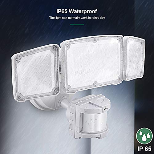 LED Security Lights, 35W Motion Sensor Light Outdoor, GLORIOUS-LITE 3 Head Flood Light with Dusk to Dawn Mode, 5500K-6000K, IP 65 Waterproof, ETL Certified for Garage, Yard, Porch, Entryways - White