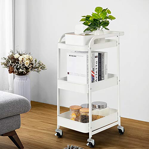 YOHOM 3 Tier Metal Rolling Cart Storage Shelves Mesh Utility Trolley Cart with Wheels Handle Craft Art Carts Organizer for Bathroom Kitchen Office Laundry Classroom White