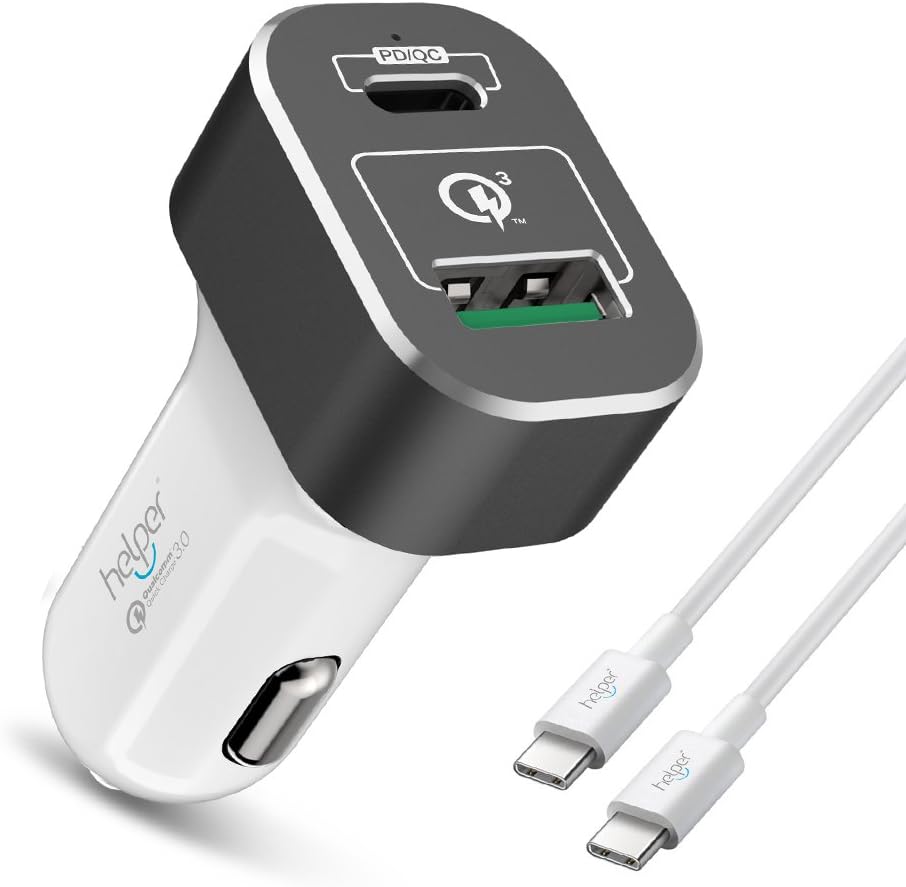 USB Type C Car Charger with PD Power Delivery 45W & USB-A QC3.0 18W for MacBook Dell XPS Latitude Thinkpad X1 Yoga More(USB-C Cable 5.9Ft Included)
