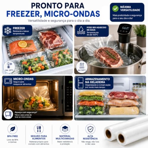 Kit 2 Rolo Saco a Vácuo com Ranhuras para Armazenamento de Alimentos BPA Free Kit com 2 Rolos Premium