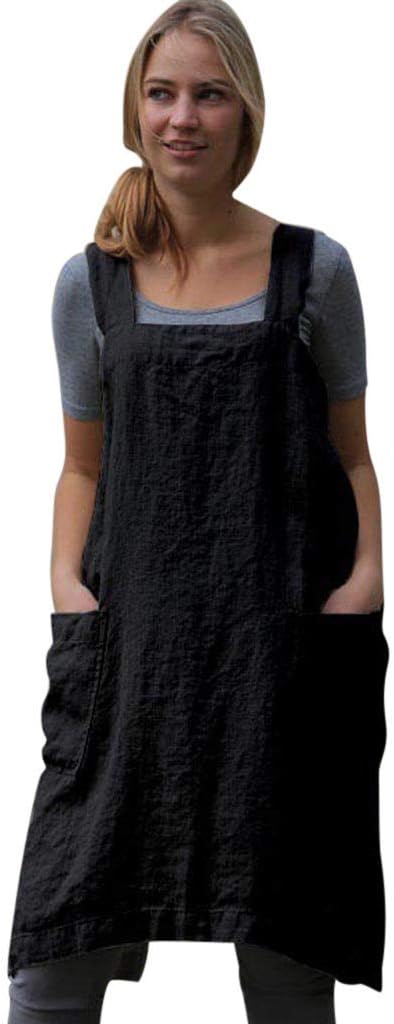 Ywoow Women Cotton Linen Pinafore Square Cross Apron Garden Work Dress, Ladies' Solid Color Apron Dress, Women's Sundress