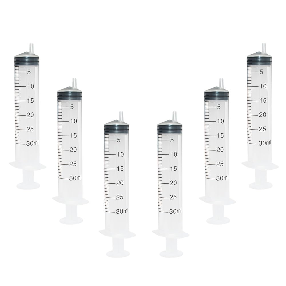 Albedel 6 pcs 30ML/CC Plastic Syringe Disposable Individual Sealed Wrap Without Needle with Measurement for Scientific Feeding Pets Labs Watering Dispensing