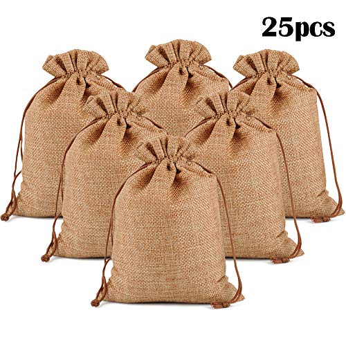 Lucky Monet 25/50/100PCS Burlap Gift Bags Wedding Hessian Jute Bags Linen Jewelry Pouches with Drawstring for Birthday, Party, Wedding Favors, Present, Art and DIY Craft (25Pcs, Coffee, 3" x 4")